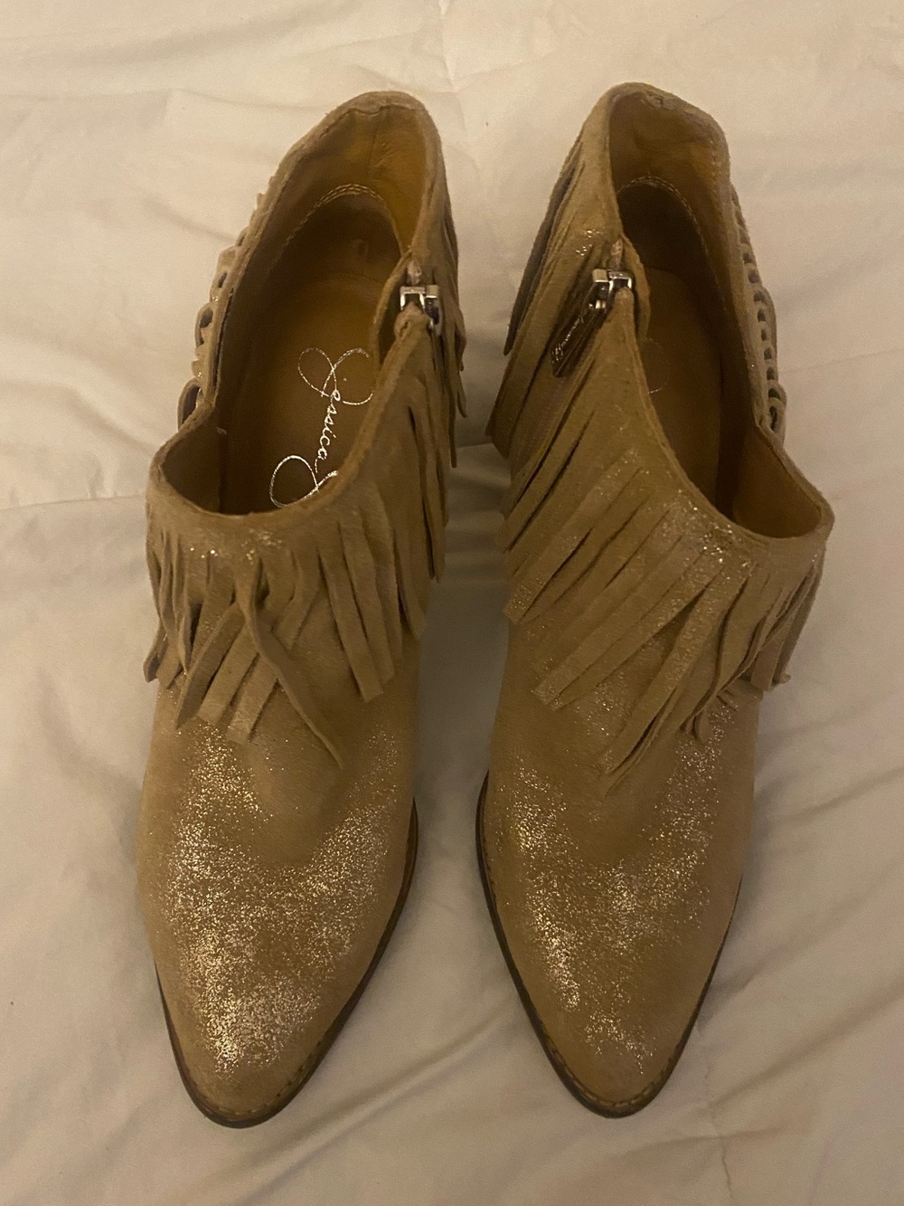Jessica Simpson Glitter Fringe Pointed-Toe Ankle Booties in Tan